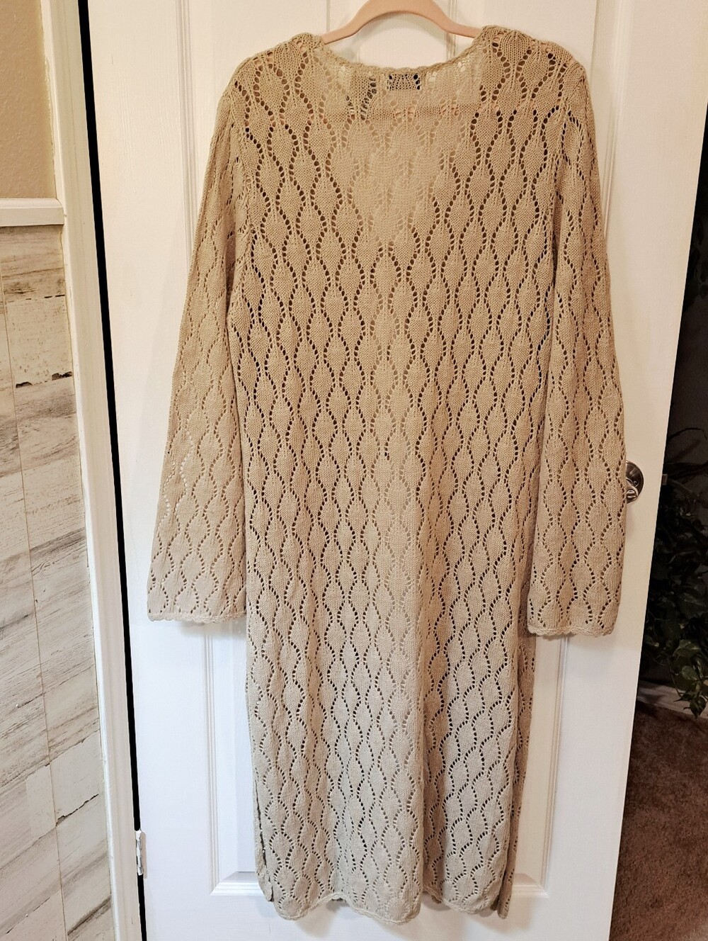 Beige Boho Crochet Bell Sleeve Long Cardigan - Picture 2 of 9